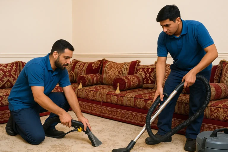 "صورة لفنيين من شركة لارا كلين أثناء تنظيف مجلس تراثي في زاخر باستخدام معدات احترافية"