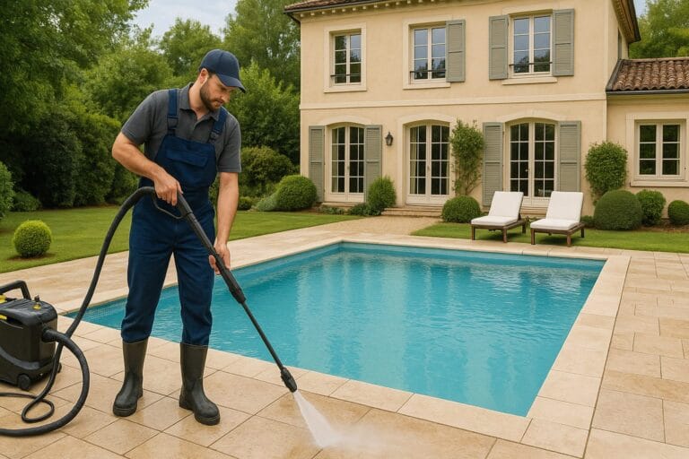 فني من شركة تنظيف مسابح في الصاروج يستخدم تقنية الضغط العالي