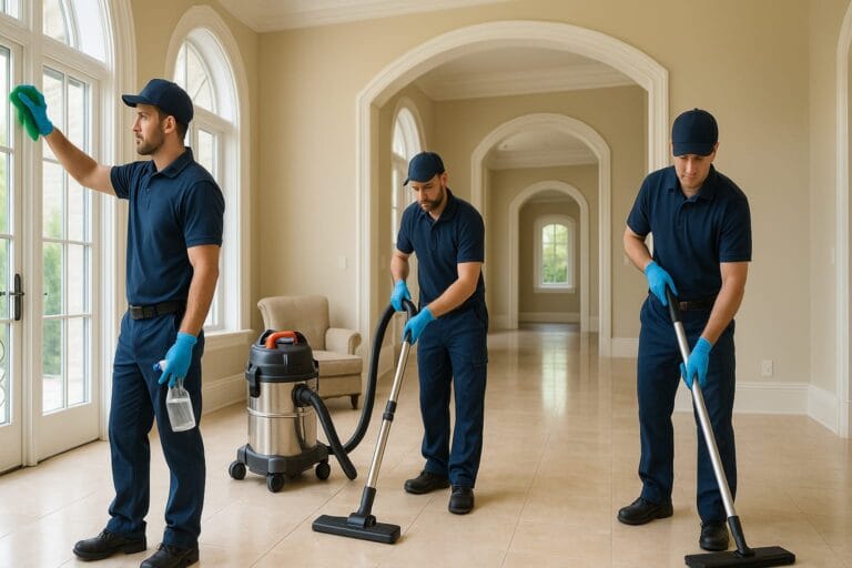 صورة لفريق من شركة تنظيف فلل محترف داخل فيلا فاخرة