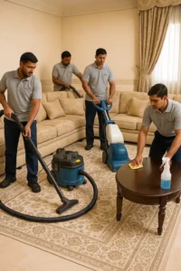 فريق عمل اقرب شركة تنظيف فلل أثناء تنظيف الفيلا