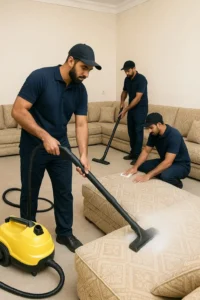 صورة لعمال ينظفون مجلس باستخدام ماكينة بخار
