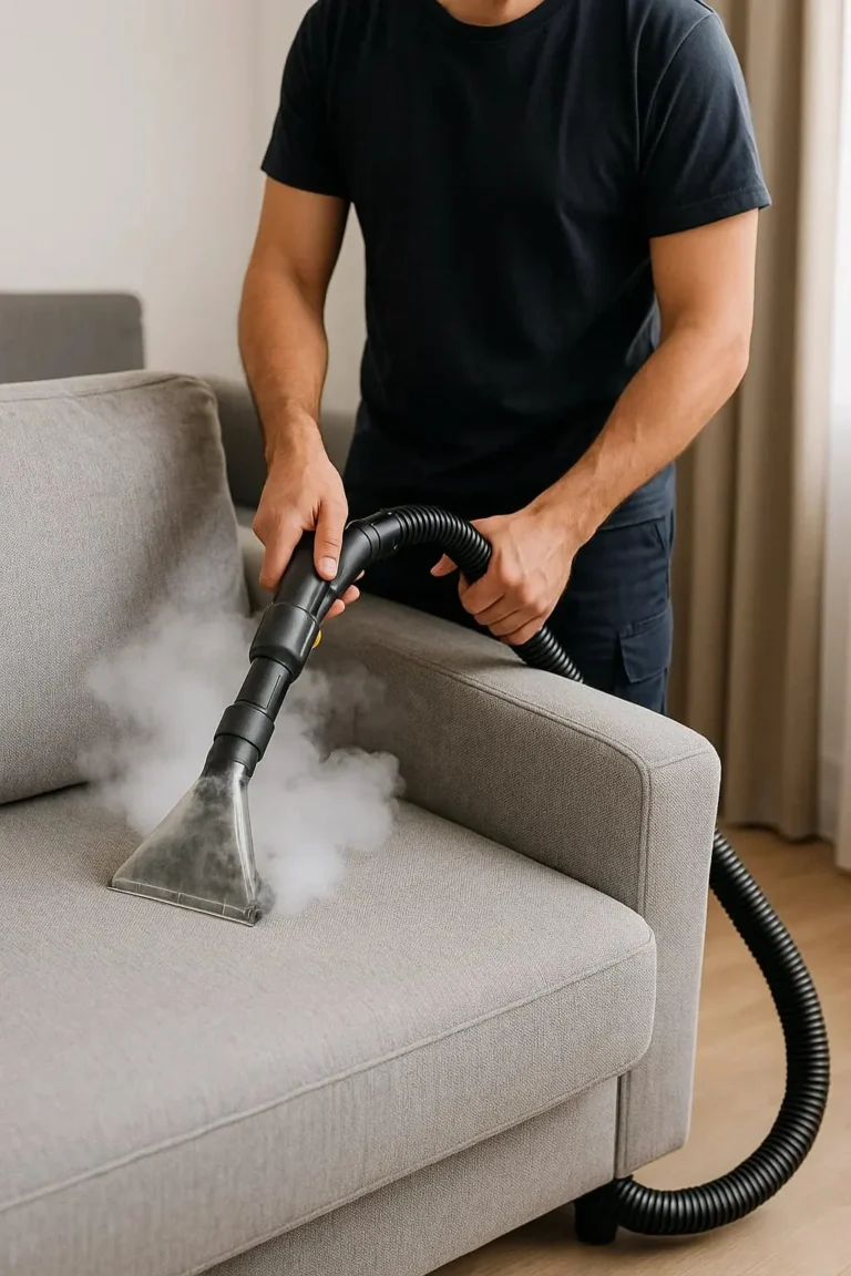 متخصص تنظيف كنب يستخدم جهاز بخار في منزل في اليحر
