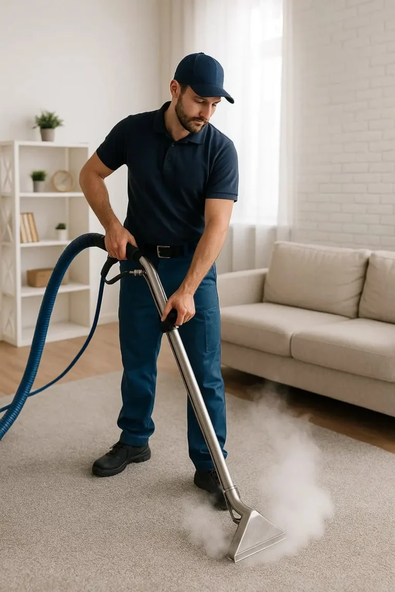 صورة لعامل نظافة يستخدم جهاز بخار في تنظيف سجاد