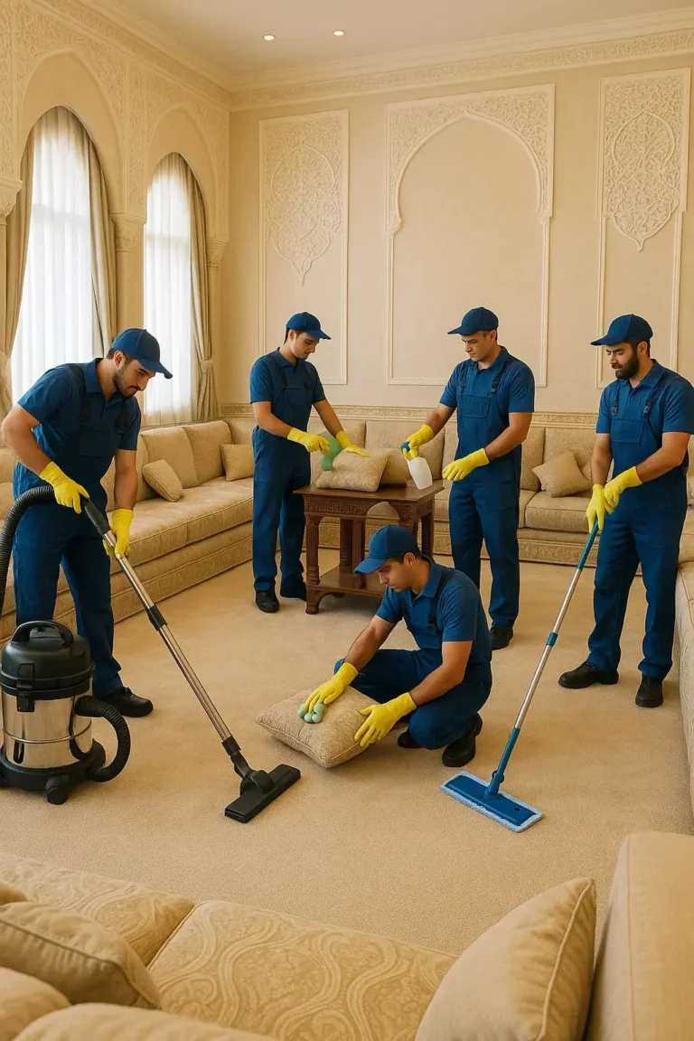 فريق شركة تنظيف مجالس في العين من لارا كلين أثناء تنظيف المجالس