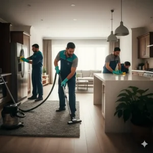 فريق عمل شركة تنظيف منازل في عشارج لارا كلين أثناء تنظيف المنازل باحترافية