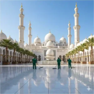 فريق شركة تنظيف مساجد يقوم بتنظيف وتعقيم أرضيات مسجد بشكل احترافي في الإمارات
